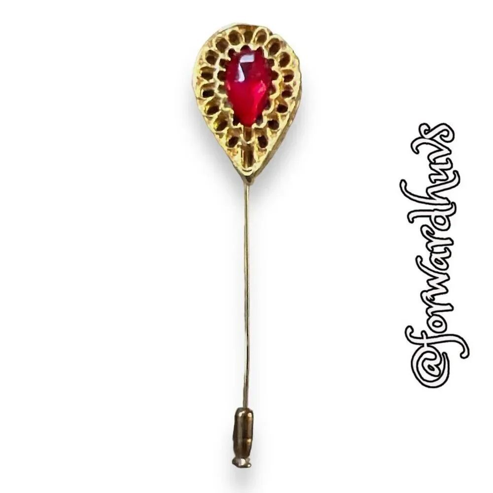 Vintage Gold Tone Hat Pin With Red Rhinestone